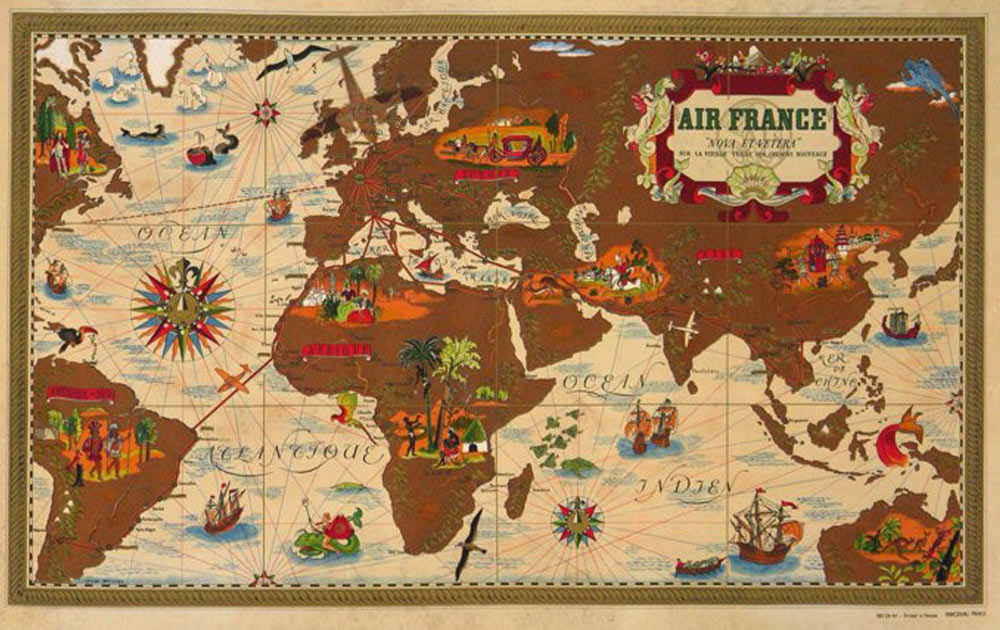 Affiche poster Rétro AIR FRANCE PLANISPHERE CARTE